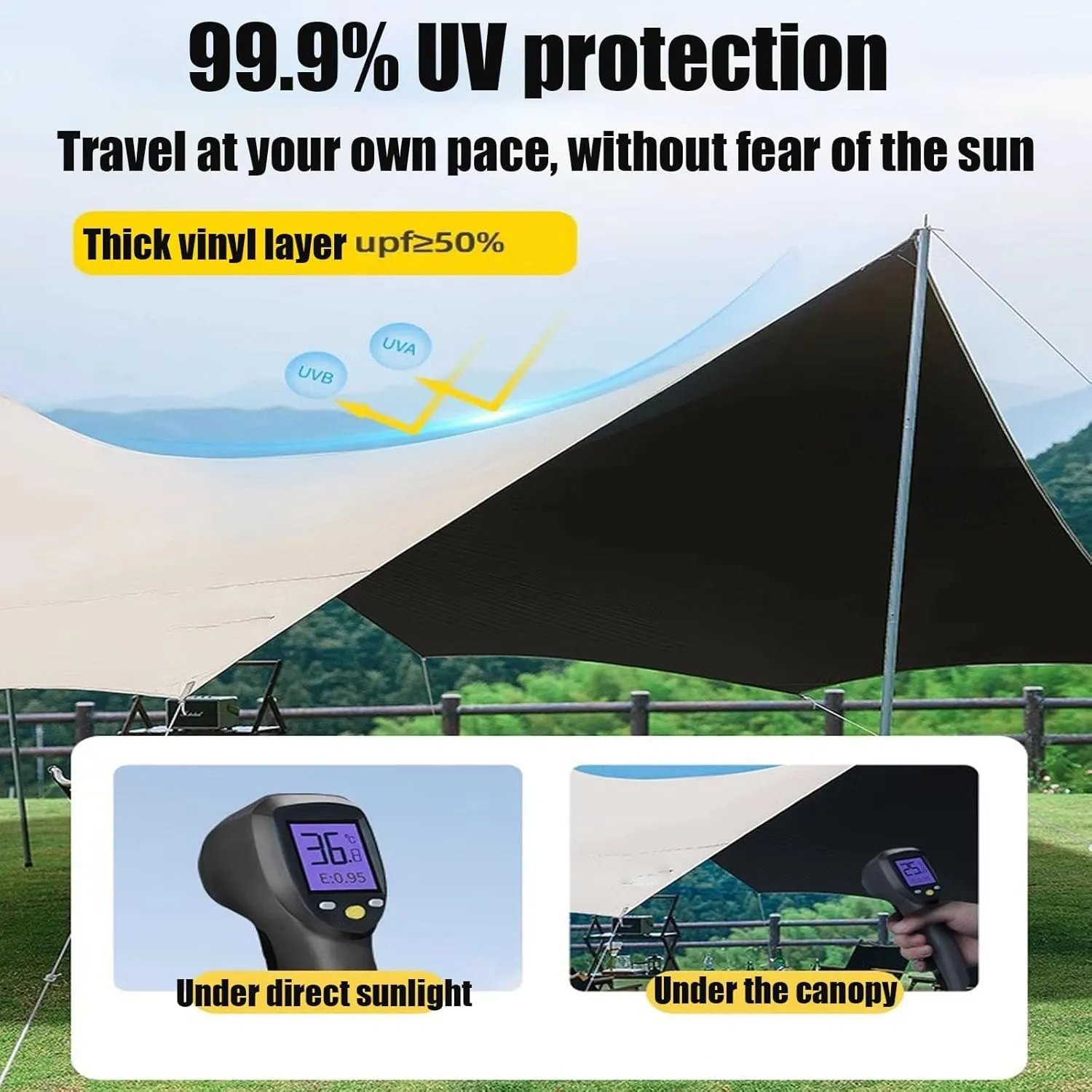 KAnduo Tarp with 3 Poles 18X14ft Waterproof Camping Tarp 8 Corner Awning, Picnic Tent Rain Fly Sun Shelter Anti-UV Ideal to Enjoy with Family and Friends(Rice-White,220x173x102inch)