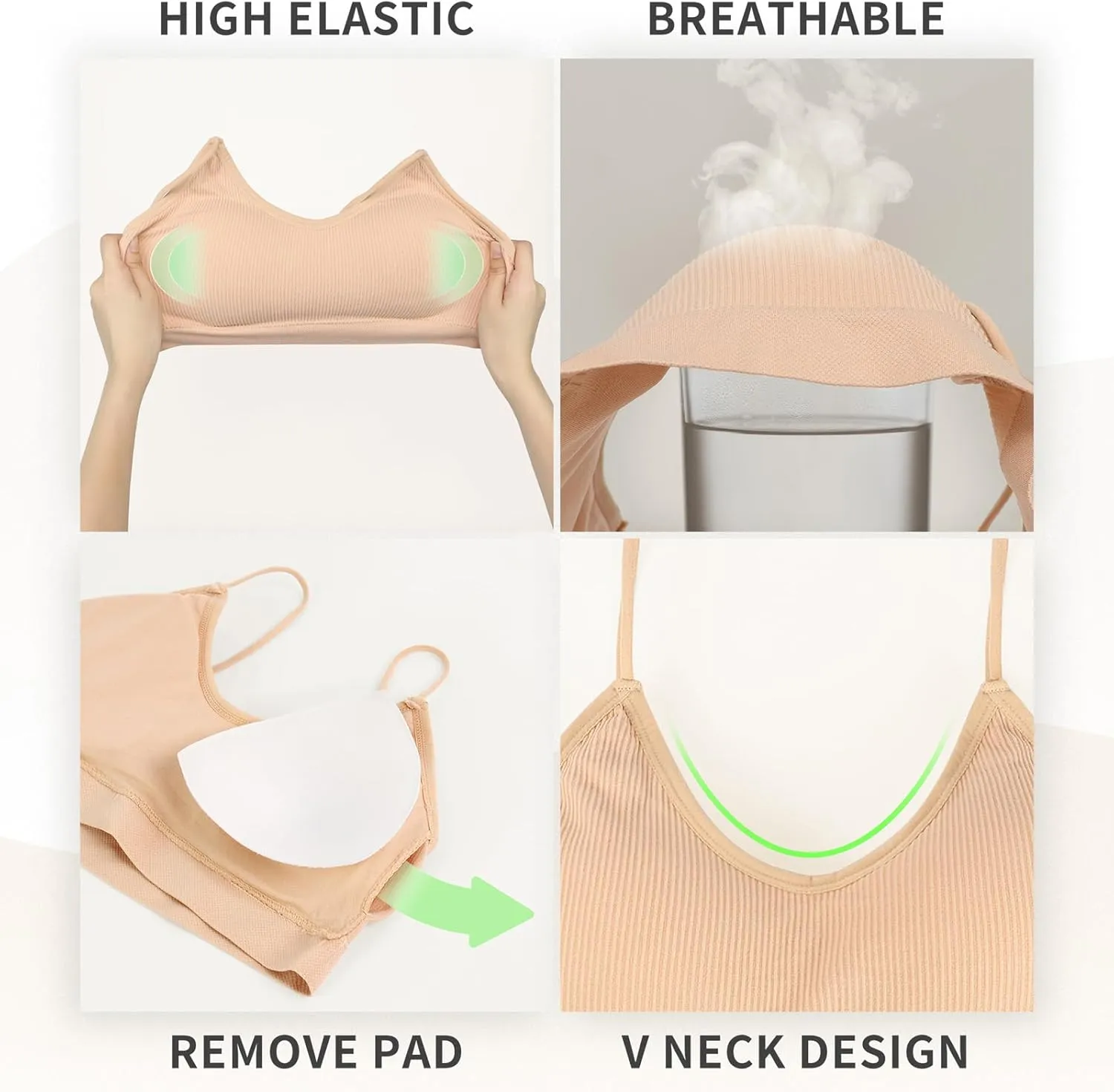 KCDDUMK 4 Pieces Cami Bras - Women's V-Neck Padded Seamless Straps Bralette Everyday Basic Sleeping Bra