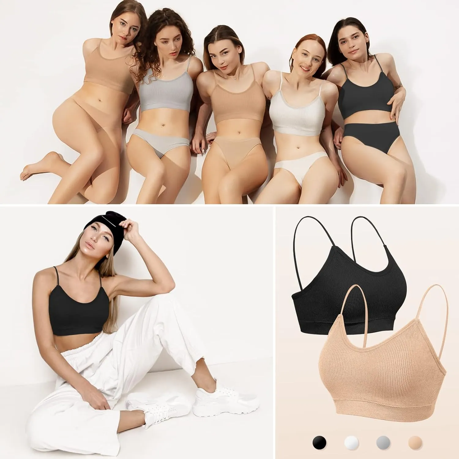 KCDDUMK 4 Pieces Cami Bras - Women's V-Neck Padded Seamless Straps Bralette Everyday Basic Sleeping Bra