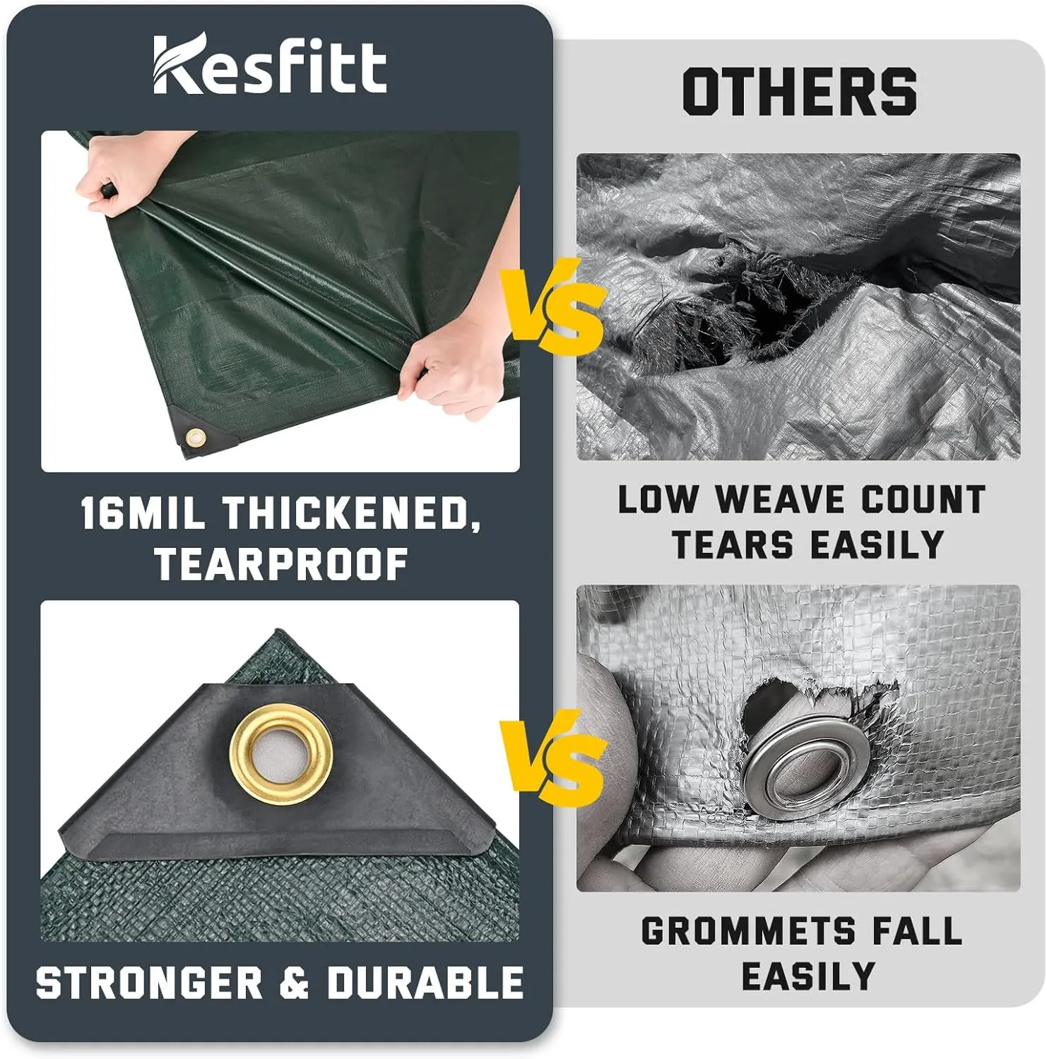 Kesfitt Tarp Heavy Duty Waterproof 10x12FT,16 Mil Thick Tarps Tear&Fade Resistant,UV Resistant,Poly Tarp Cover with Grommets and Reinforced Edges for Outdoor Camping Pools Boat Car(Green/Blue)