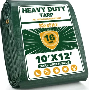 Kesfitt Tarp Heavy Duty Waterproof 10x12FT,16 Mil Thick Tarps Tear&Fade Resistant,UV Resistant,Poly Tarp Cover with Grommets and Reinforced Edges for Outdoor Camping Pools Boat Car(Green/Blue)