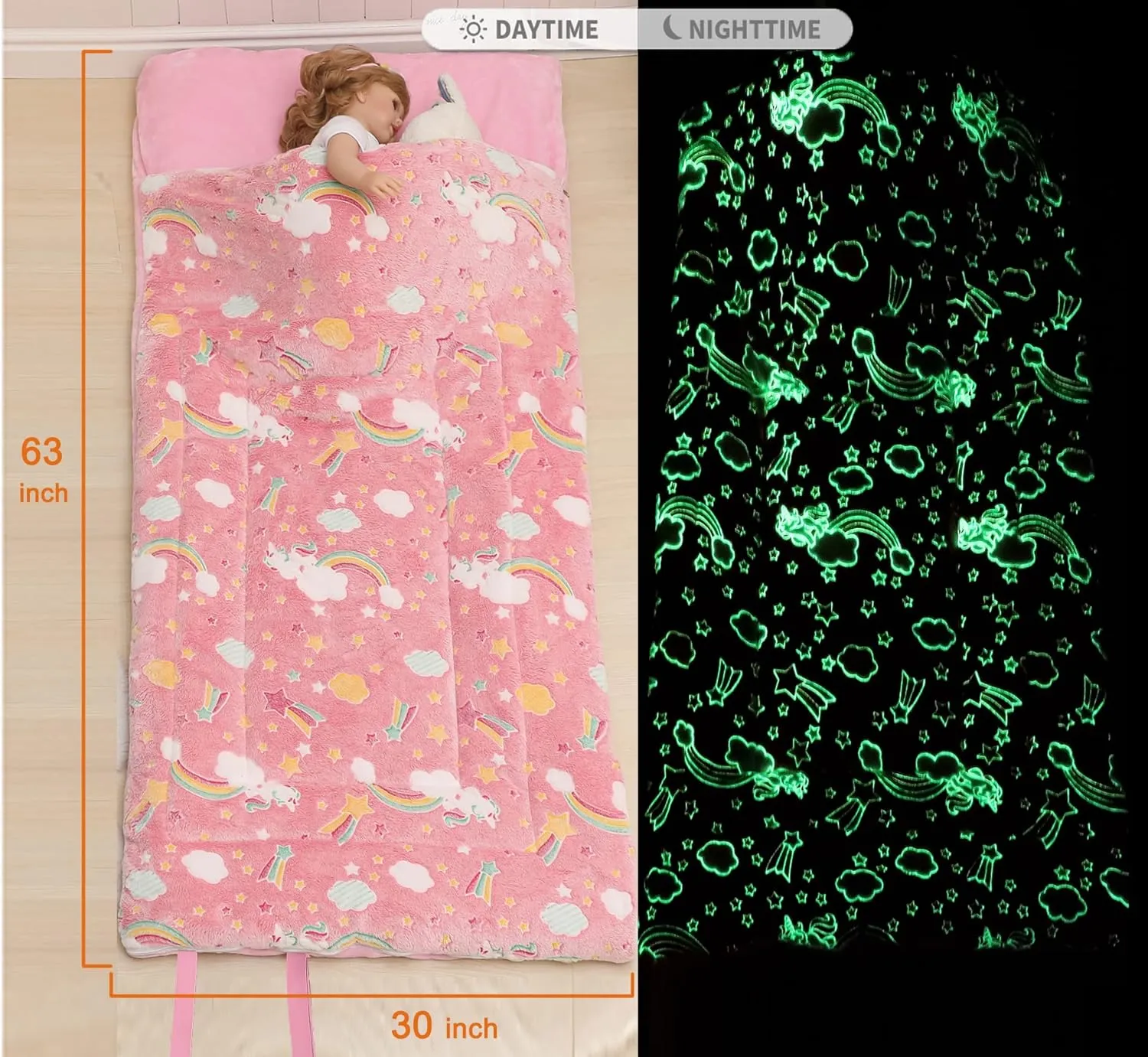 Kids Sleeping Bags for Boys Girls Glow in The Dark Stars Space Slumber Bag Super Soft Nap Mat for Daycare Sleepovers | with Zipper Pillow Pocket and Carrying Bag