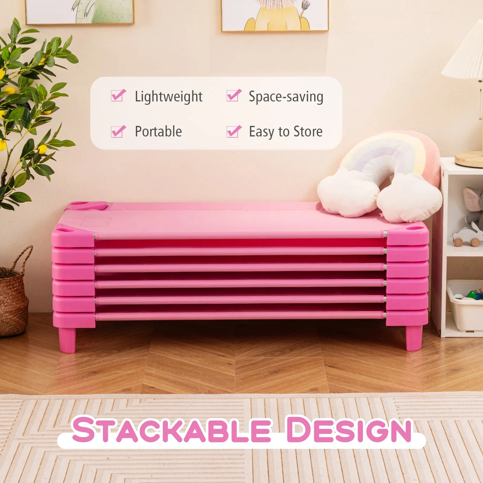 Kids Stackable Daycare Cot Pack of 6 with Detachable Oxford Cloth-Pink