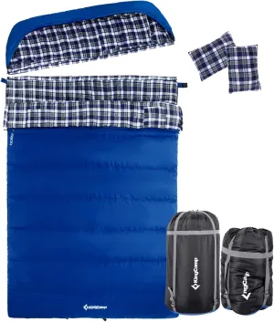 KingCamp Camping Double Sleeping Bags, 3 Season Cotton Flannel Lining Double Layer Sleeping Bag 2 Person Couple Waterproof Lightweight Backpacking Hiking Outdoors with Pillow and Carry Bag Queen Size