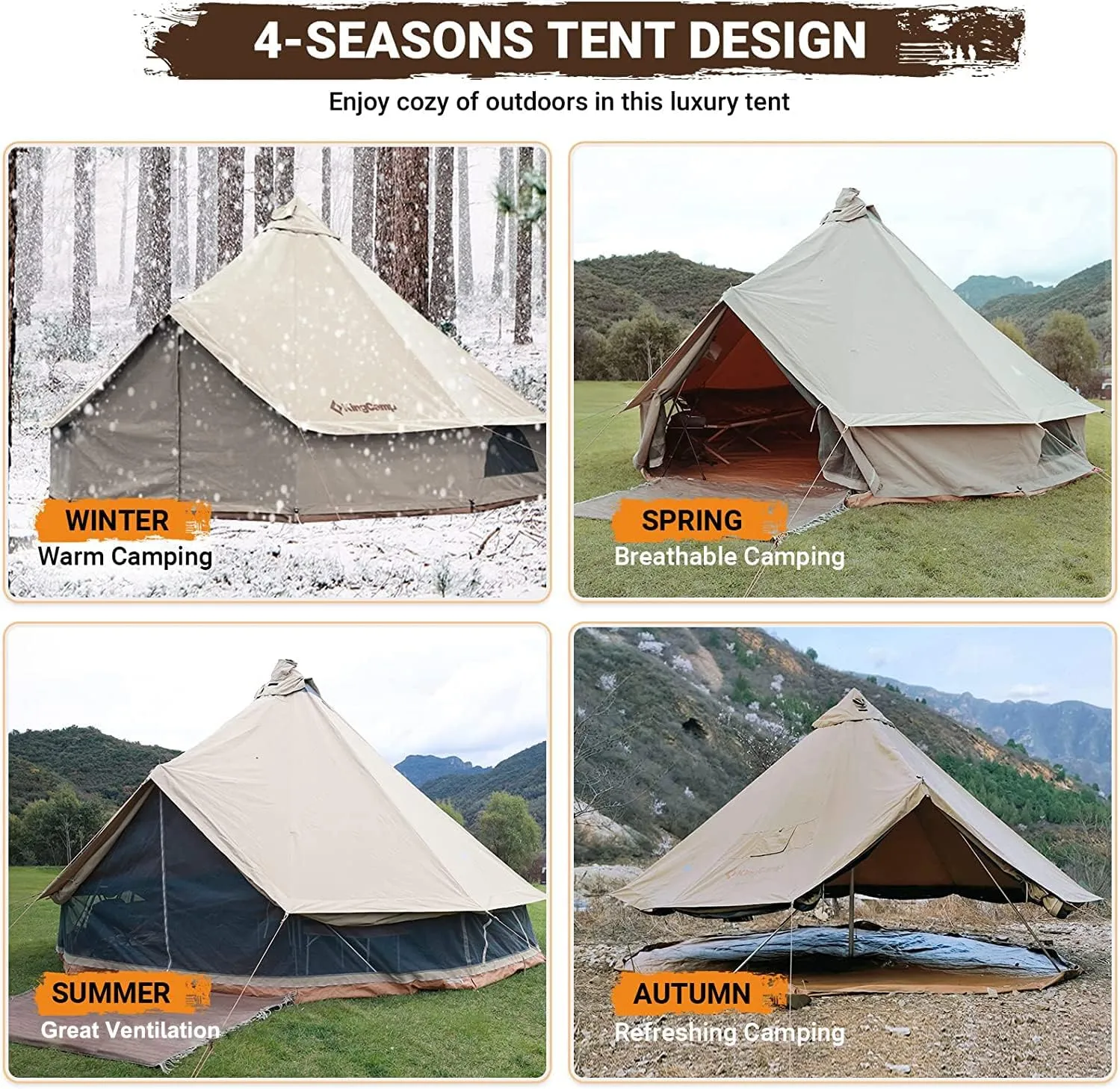 KingCamp Canvas Bell Yurt Tents, 4 Seasons Large Waterproof & Windproof Luxury Glamping Tent w/Stove Jack for Family Outdoor Camping, Hunting, Parties