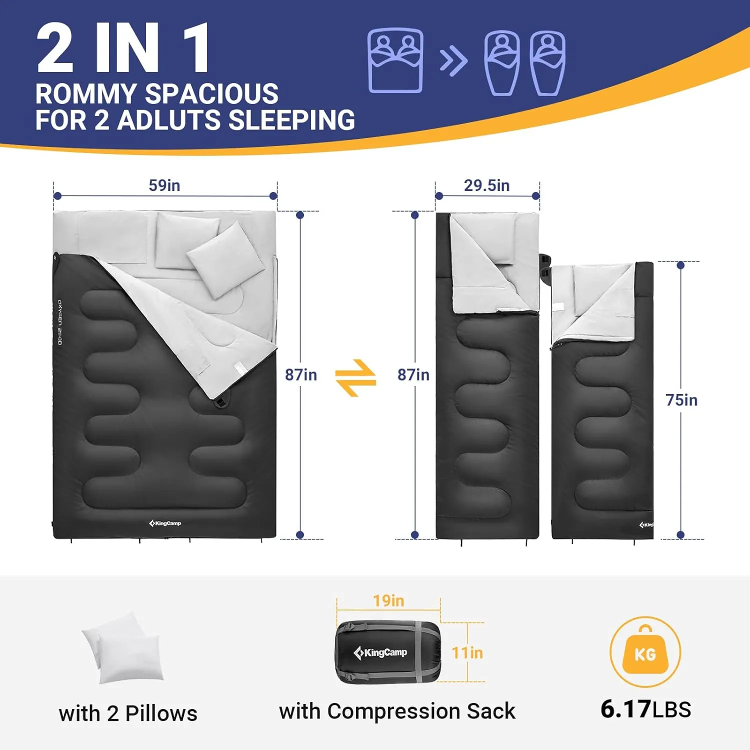 KingCamp Double Sleeping Bag for 3 Season Backpacking Camping Hiking Queen Size XL Lightweight Warm Cold Weather 2 Person Sleeping Bag for Adults Teens Truck Tent Sleeping Pad Lightweight