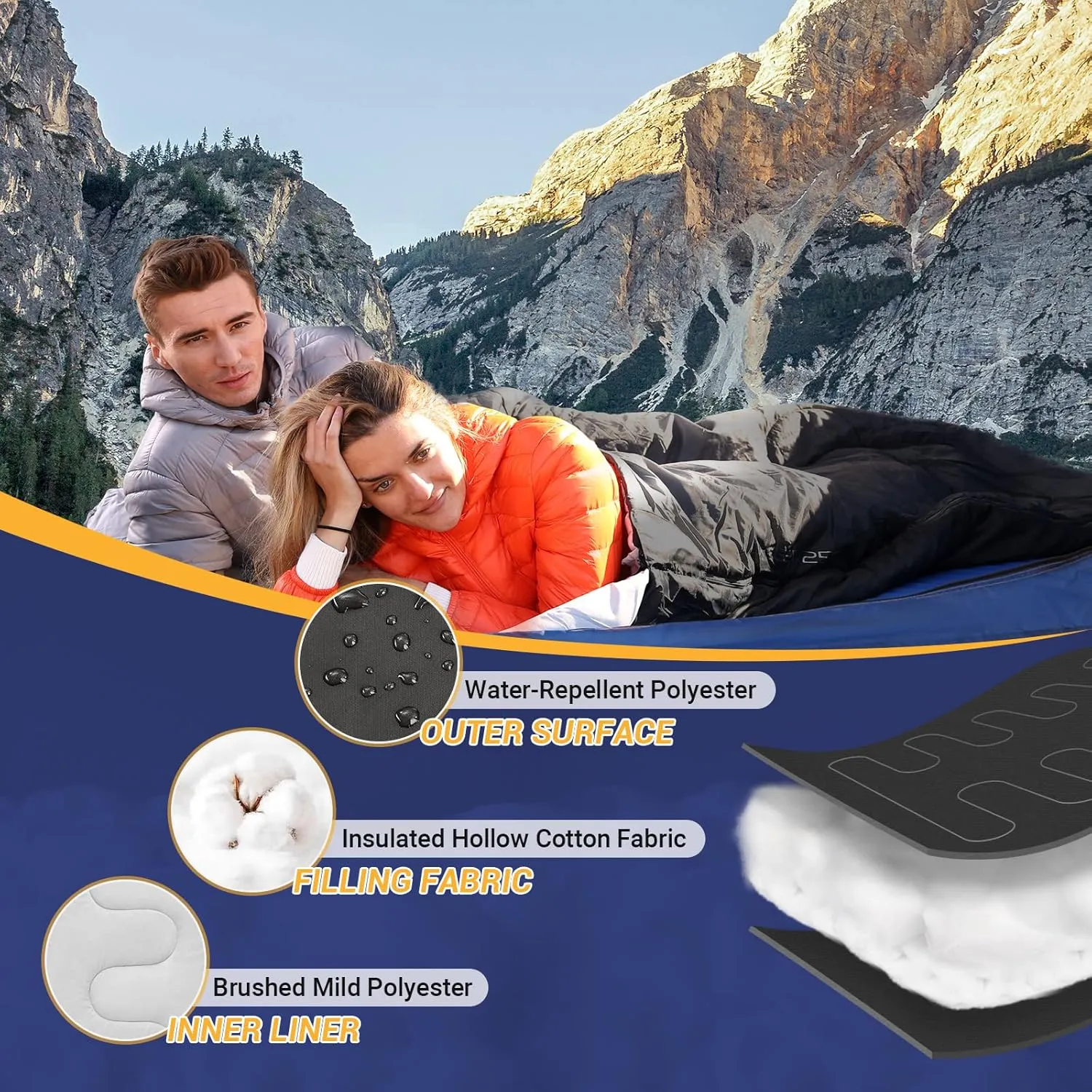 KingCamp Double Sleeping Bag for 3 Season Backpacking Camping Hiking Queen Size XL Lightweight Warm Cold Weather 2 Person Sleeping Bag for Adults Teens Truck Tent Sleeping Pad Lightweight
