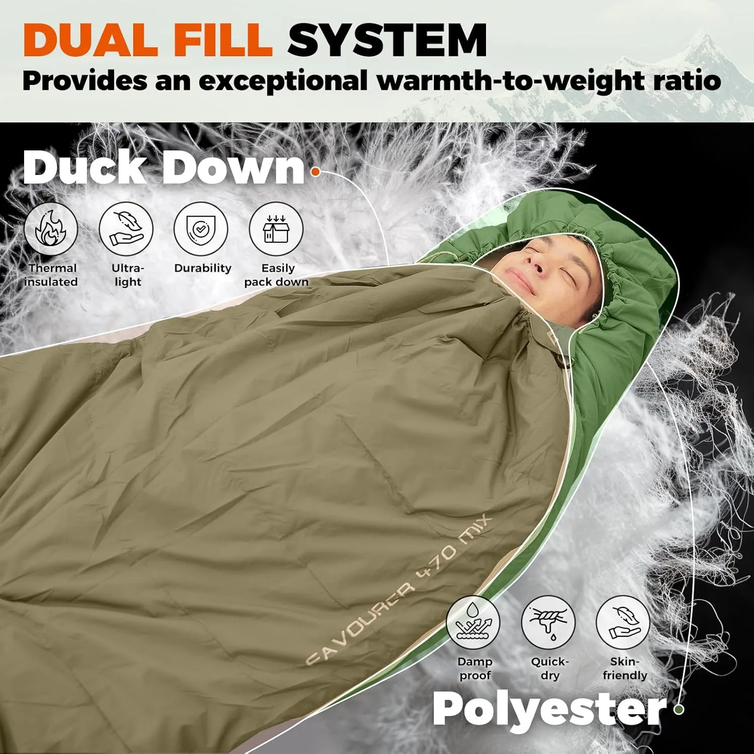 KingCamp Down Sleeping Bag for Adults, 600 FP Cold Weather 3-4 Season Sleeping Bag, Ultralight & Compact with Compression Sack for Backpacking, Camping, Hiking