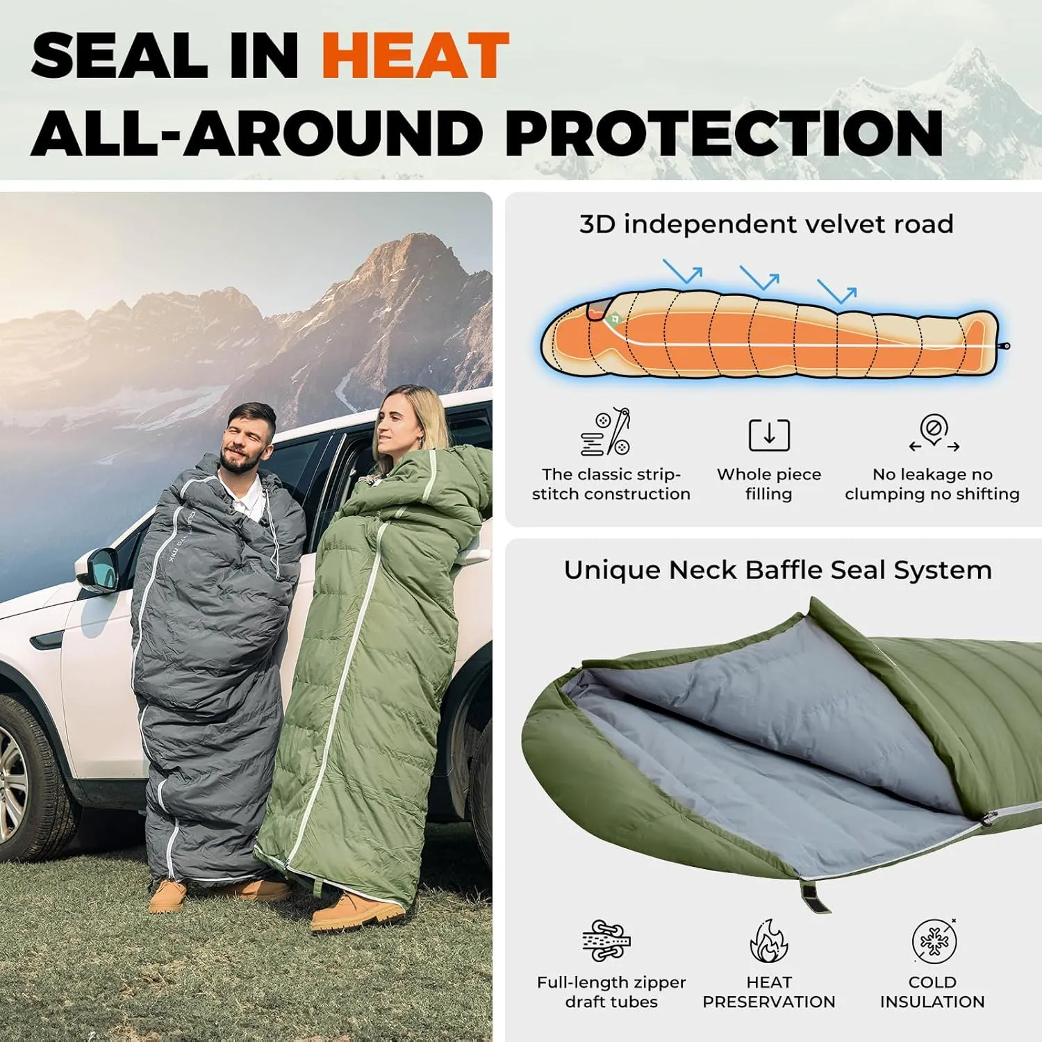 KingCamp Down Sleeping Bag for Adults, 600 FP Cold Weather 3-4 Season Sleeping Bag, Ultralight & Compact with Compression Sack for Backpacking, Camping, Hiking