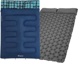 KingCamp Queen Size 2 Person Double Sleeping Bags with Pillows for Adults, 20 Degree Lightweight Backpacking Quilts, with Sleeping Pads Self Inflating Camping Mattress with Built-in Foot Pump, Connect
