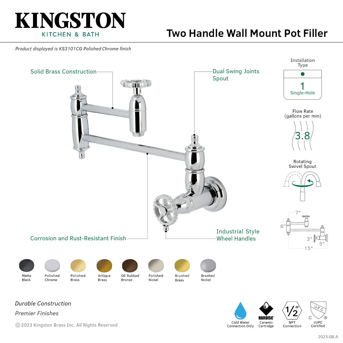 Kingston Brass KS3105CG Fuller Wall Mount Pot Filler Faucet, Oil Rubbed Bronze