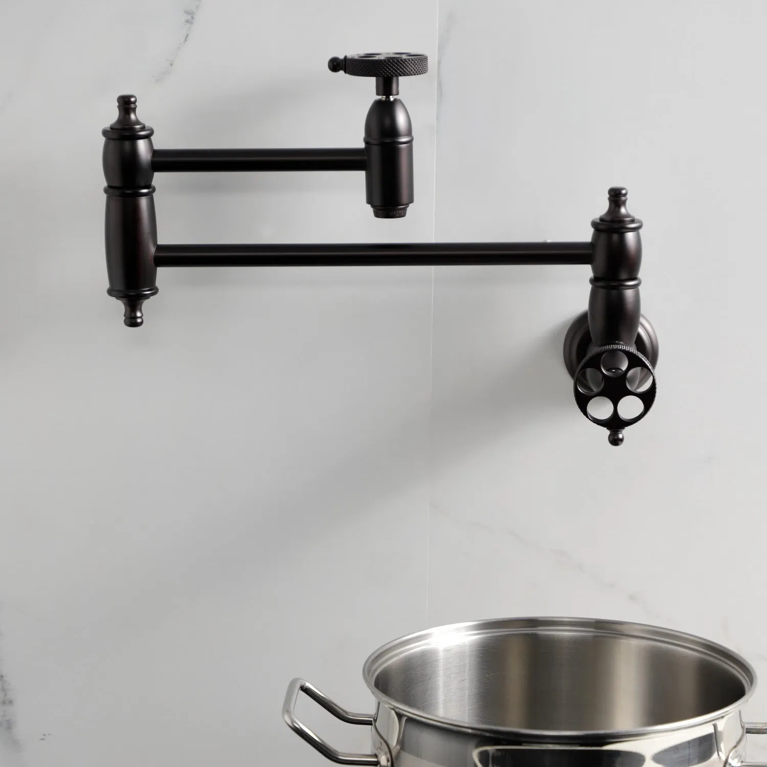 Kingston Brass KS3105RKX Webb Wall Mount Pot Filler Faucet with Knurled Handle, Oil Rubbed Bronze