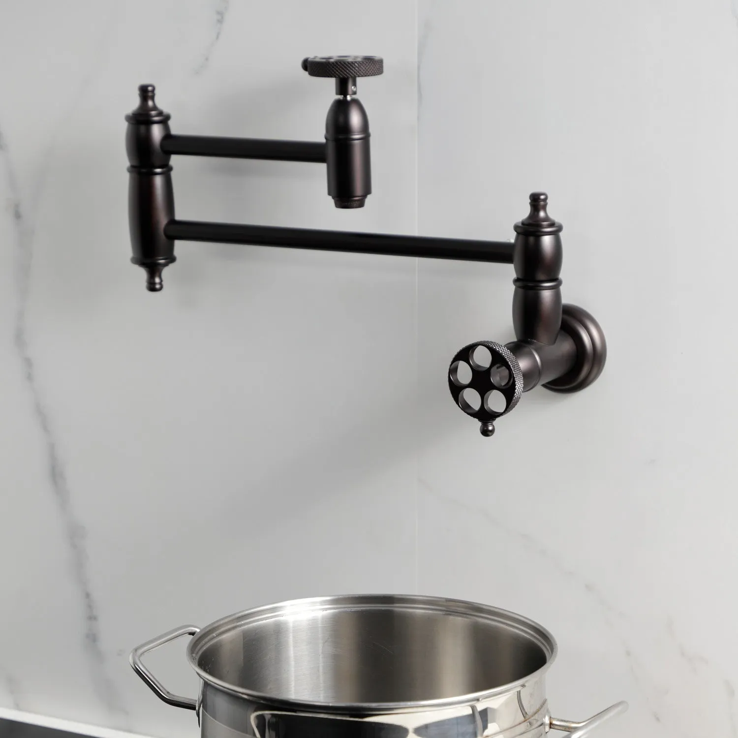 Kingston Brass KS3105RKX Webb Wall Mount Pot Filler Faucet with Knurled Handle, Oil Rubbed Bronze
