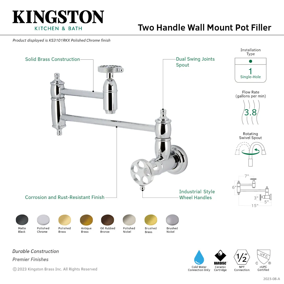 Kingston Brass KS3105RKX Webb Wall Mount Pot Filler Faucet with Knurled Handle, Oil Rubbed Bronze