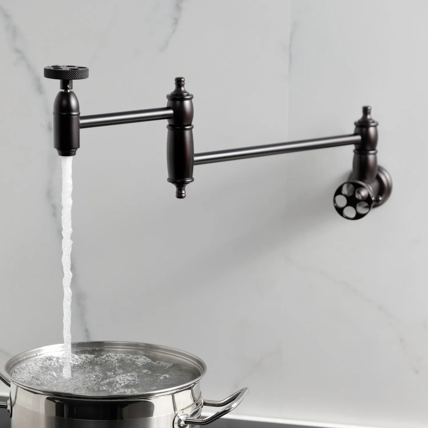 Kingston Brass KS3105RKX Webb Wall Mount Pot Filler Faucet with Knurled Handle, Oil Rubbed Bronze