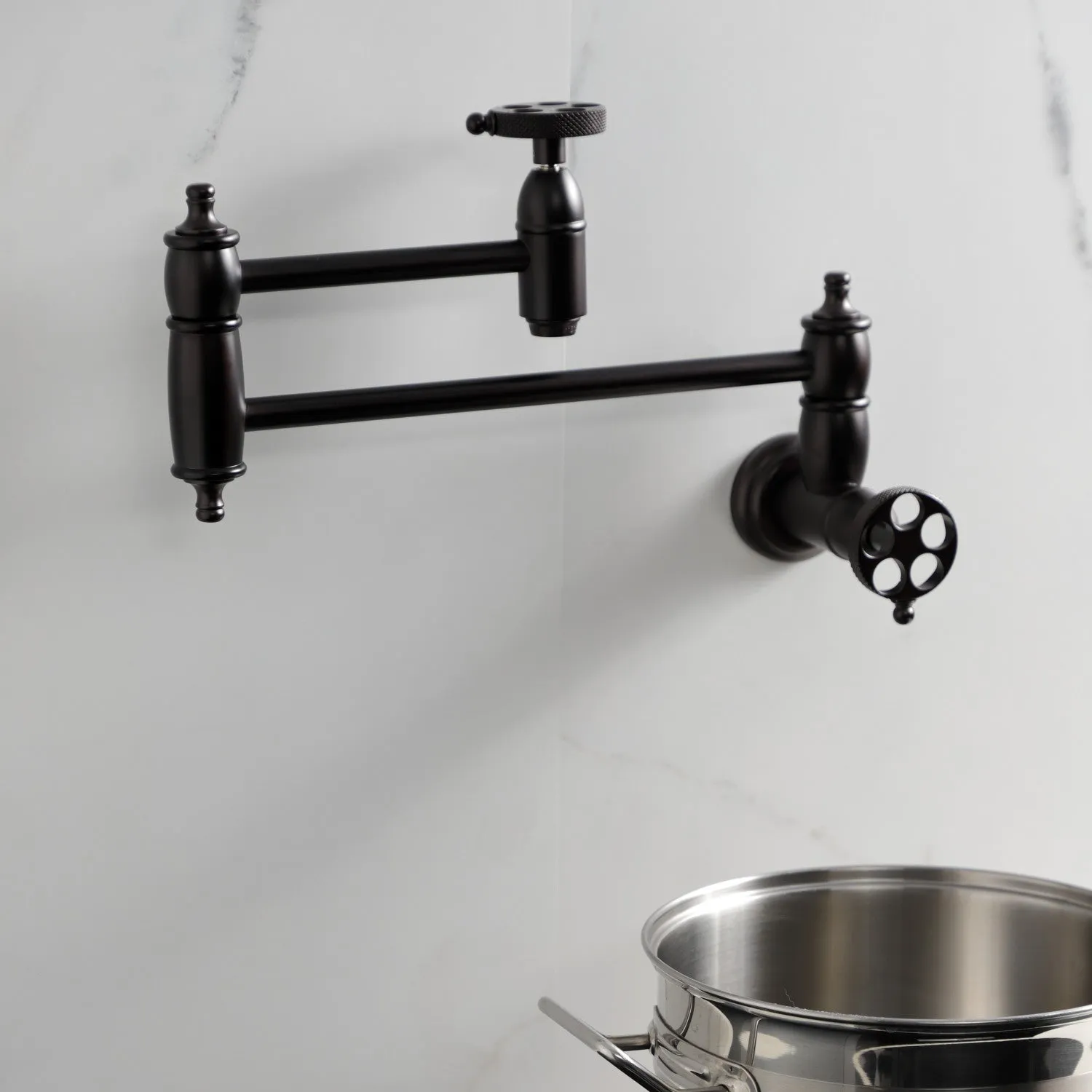 Kingston Brass KS3105RKX Webb Wall Mount Pot Filler Faucet with Knurled Handle, Oil Rubbed Bronze