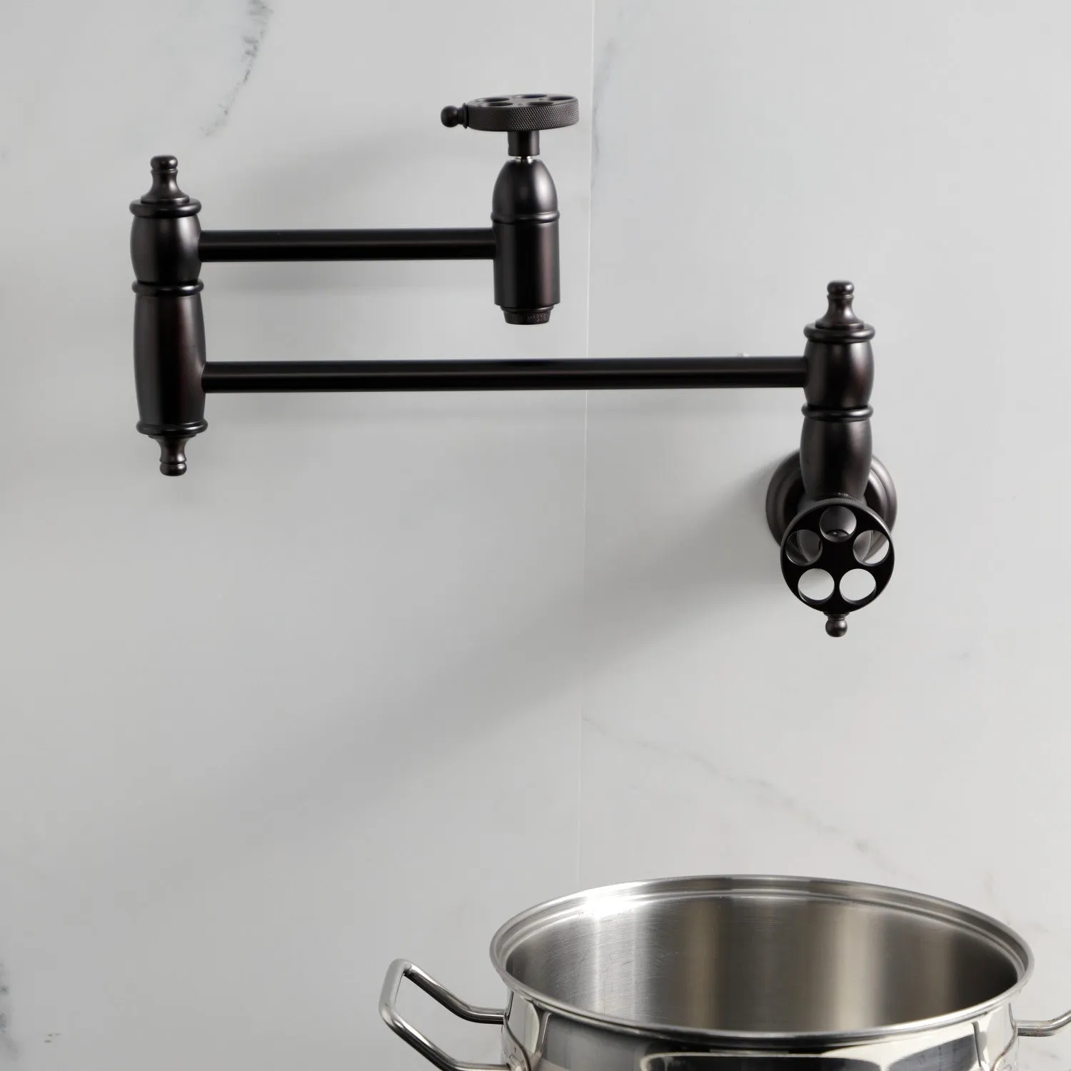 Kingston Brass KS3105RKZ Wendell Wall Mount Pot Filler Faucet with Knurled Handle, Oil Rubbed Bronze