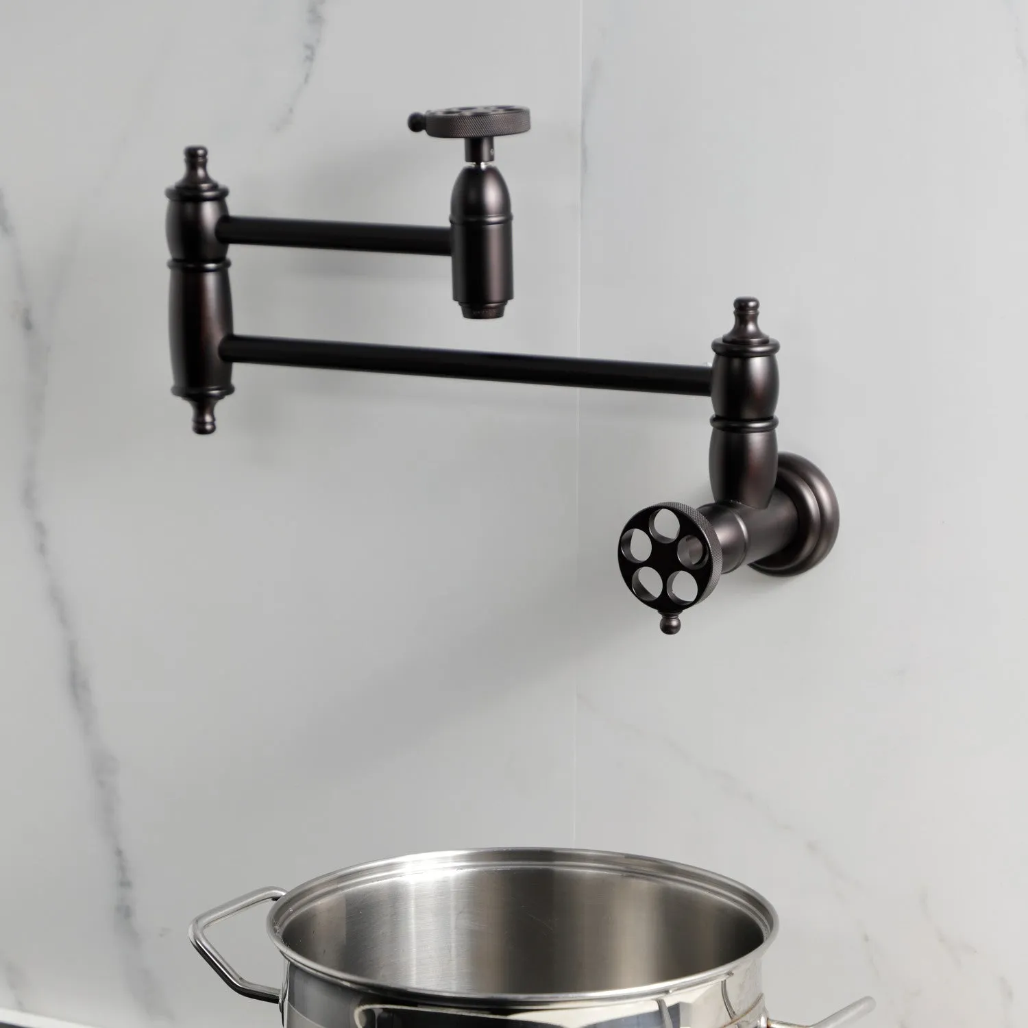 Kingston Brass KS3105RKZ Wendell Wall Mount Pot Filler Faucet with Knurled Handle, Oil Rubbed Bronze