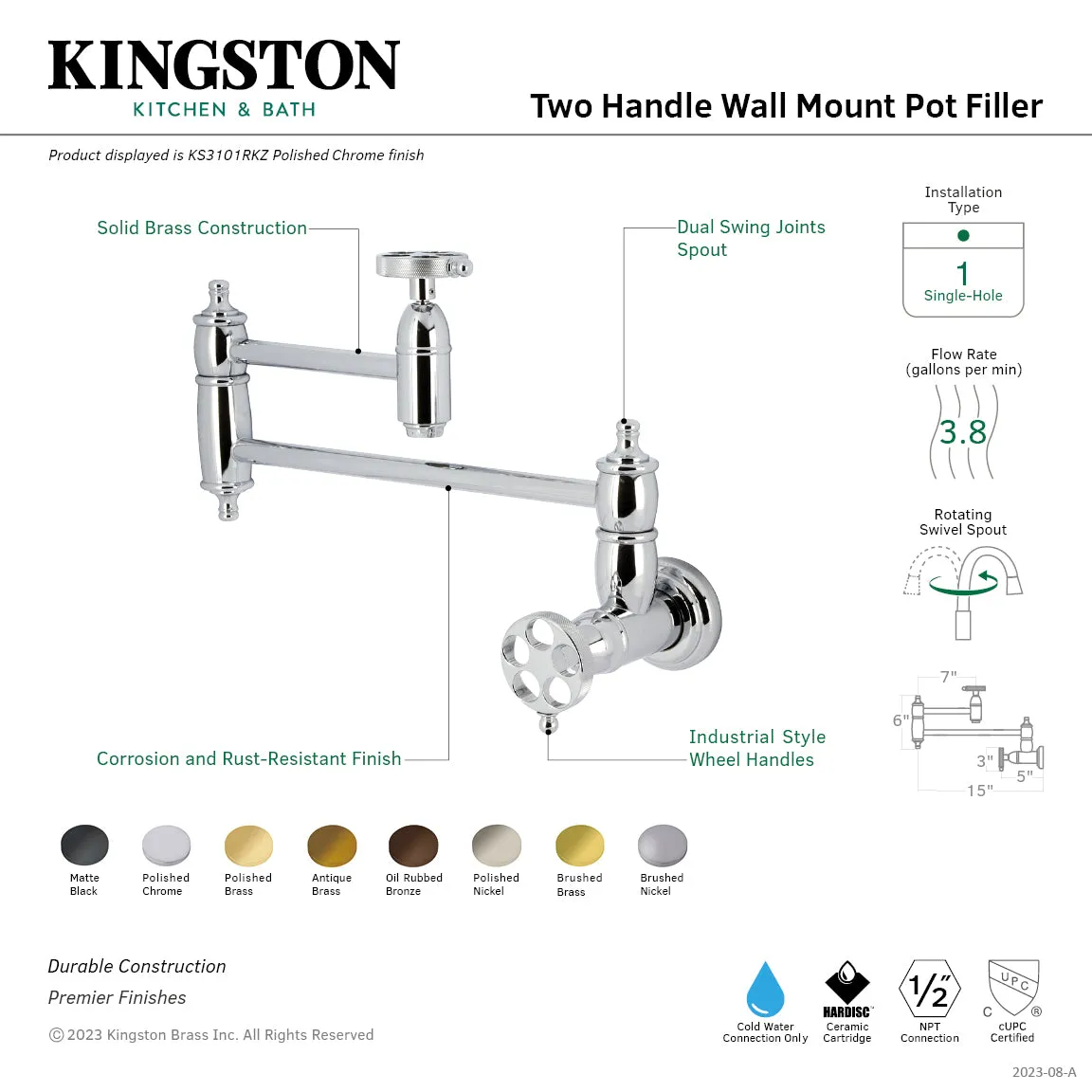 Kingston Brass KS3105RKZ Wendell Wall Mount Pot Filler Faucet with Knurled Handle, Oil Rubbed Bronze
