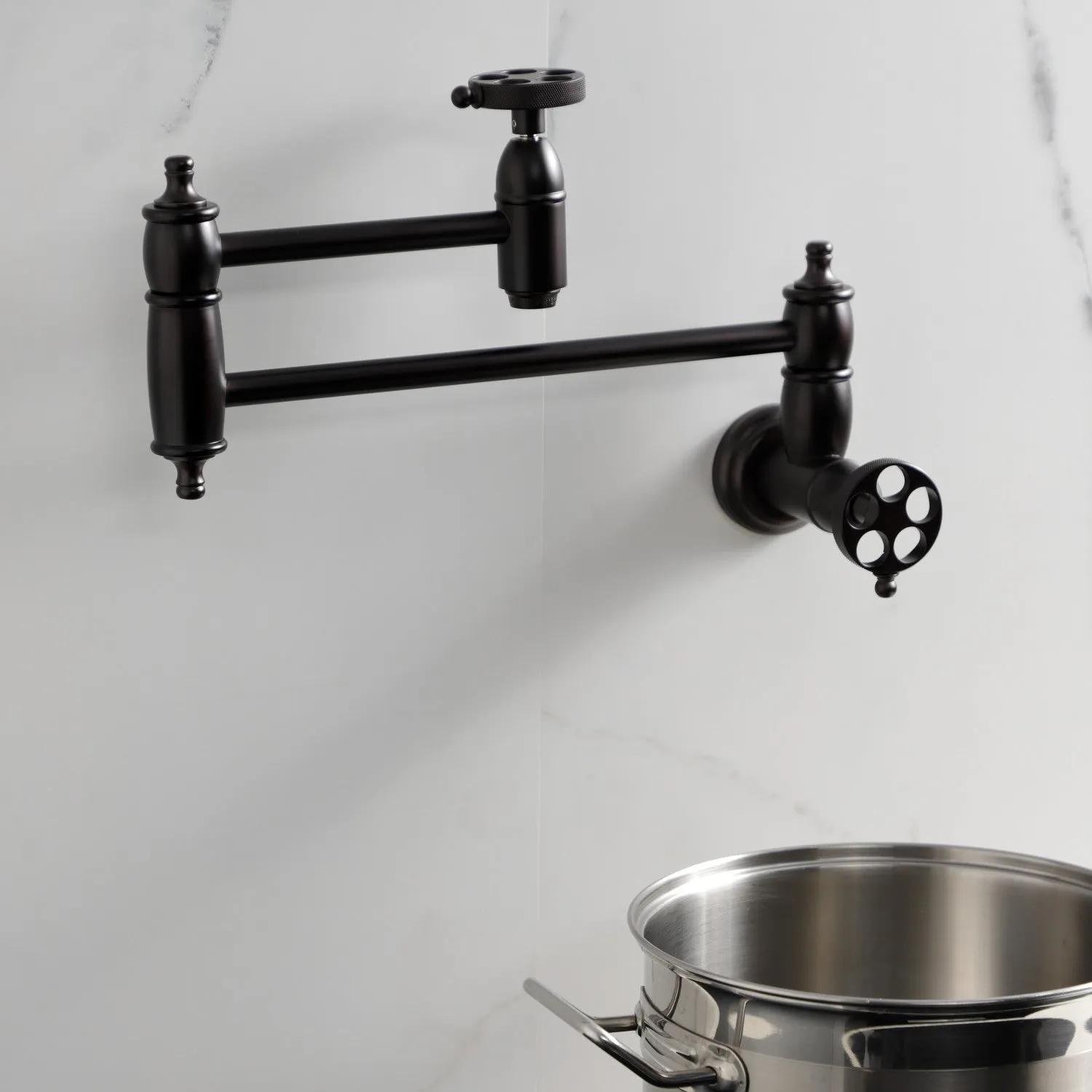 Kingston Brass KS3105RKZ Wendell Wall Mount Pot Filler Faucet with Knurled Handle, Oil Rubbed Bronze