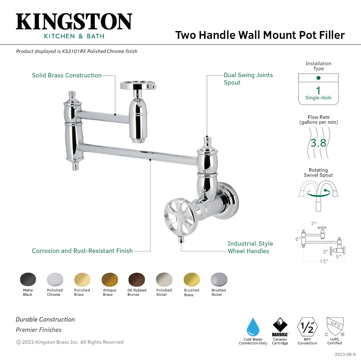 Kingston Brass KS3105RX Belknap Wall Mount Pot Filler Faucet, Oil Rubbed Bronze