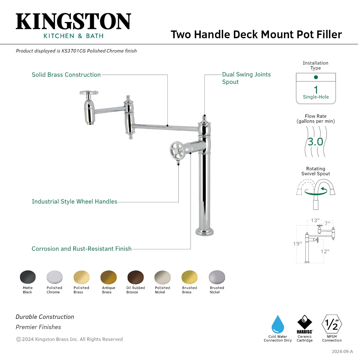 Kingston Brass KS3705CG Fuller Deck Mount Pot Filler Faucet, Oil Rubbed Bronze