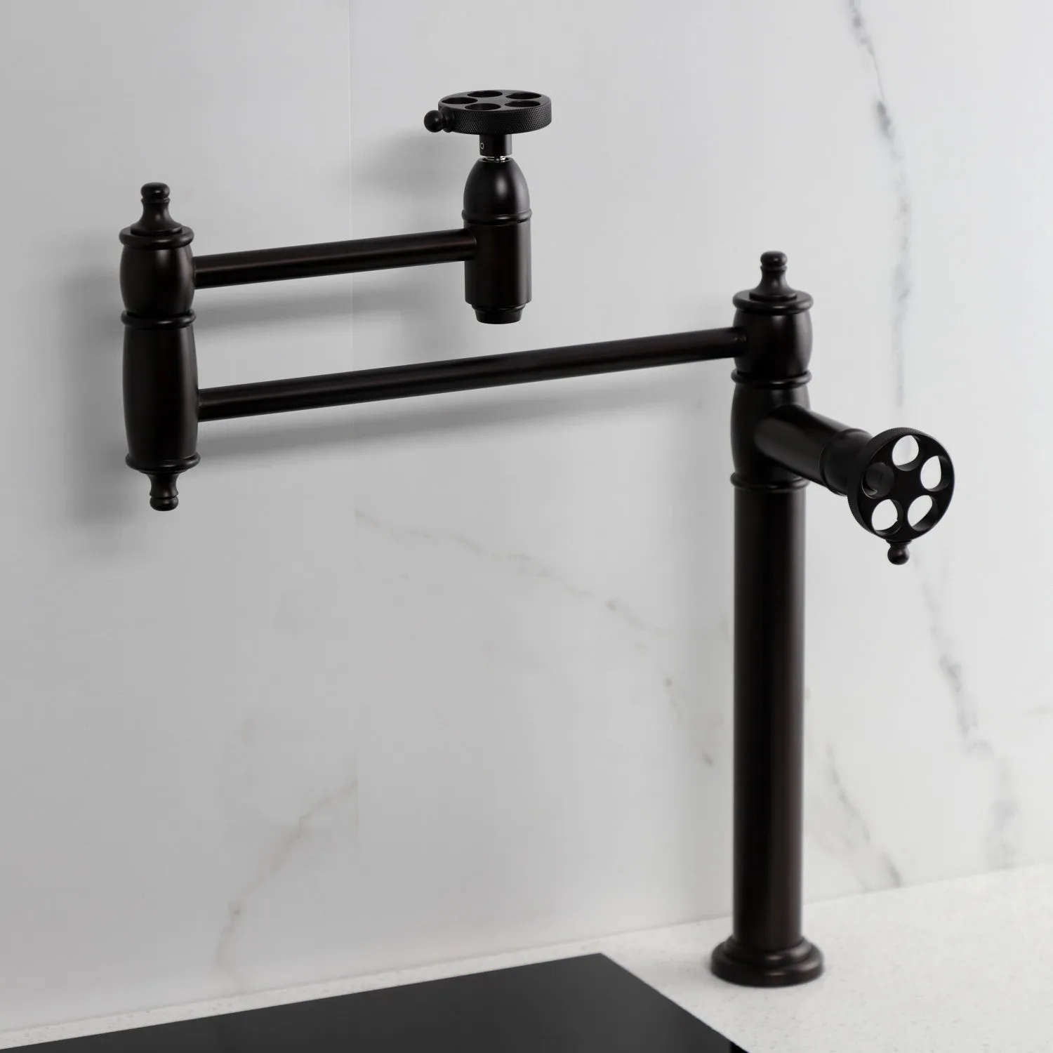 Kingston Brass KS3705RKZ Wendell Deck Mount Pot Filler Faucet with Knurled Handle, Oil Rubbed Bronze