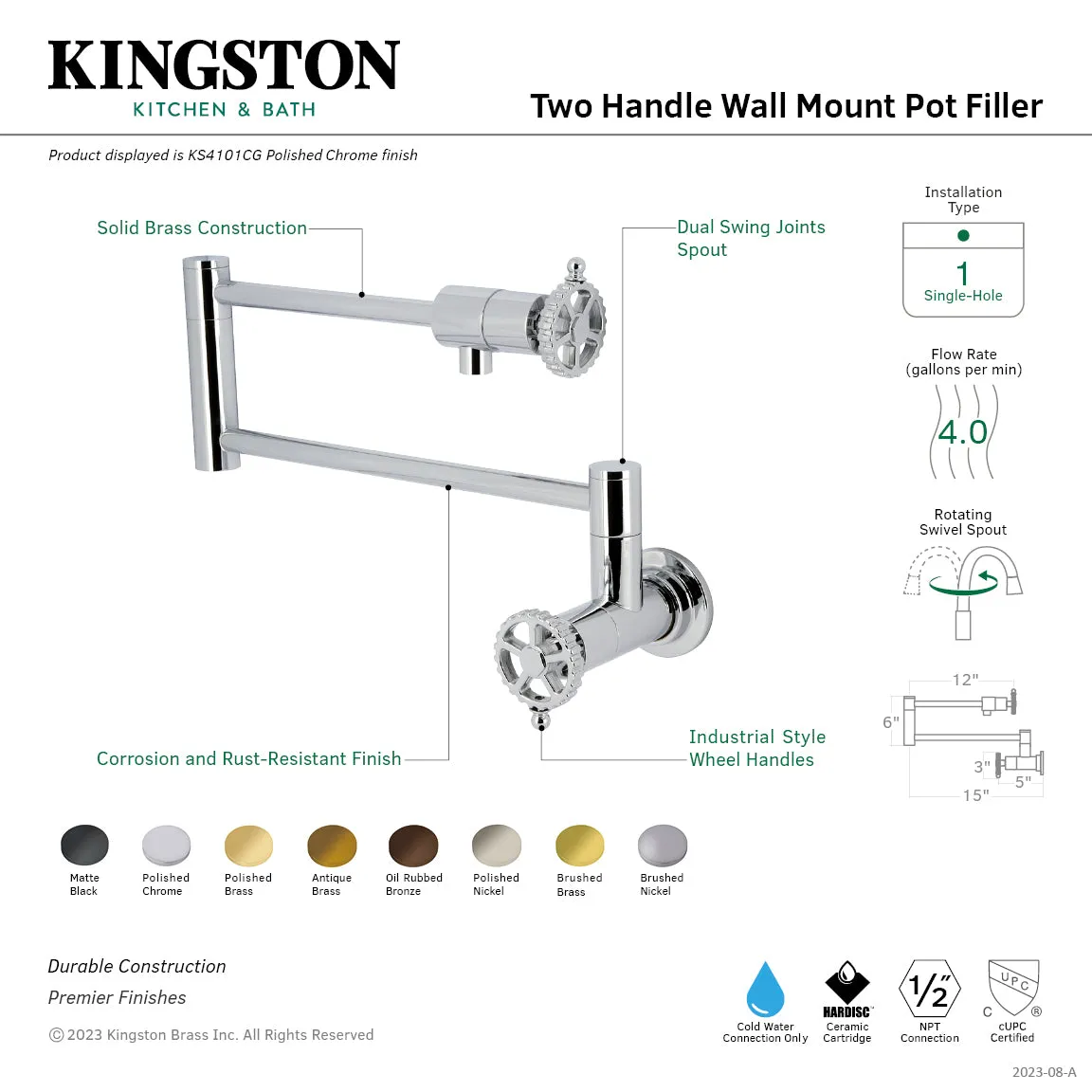 Kingston Brass KS4105CG Fuller Wall Mount Pot Filler Faucet, Oil Rubbed Bronze