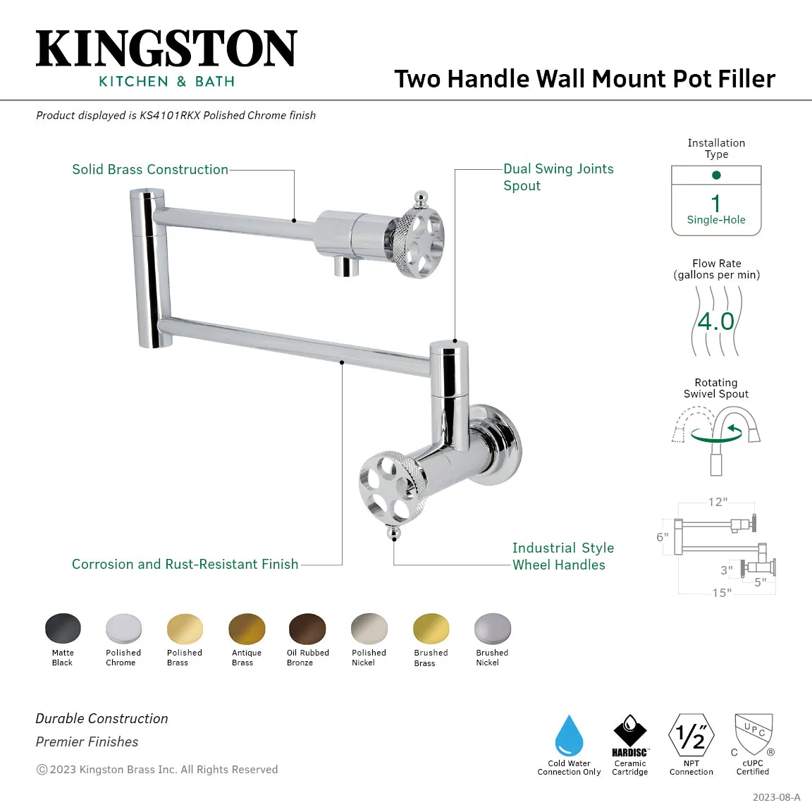 Kingston Brass KS4105RKX Webb Wall Mount Pot Filler Faucet with Knurled Handle, Oil Rubbed Bronze