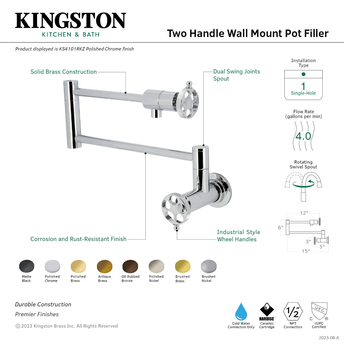 Kingston Brass KS4105RKZ Wendell Wall Mount Pot Filler Faucet with Knurled Handle, Oil Rubbed Bronze