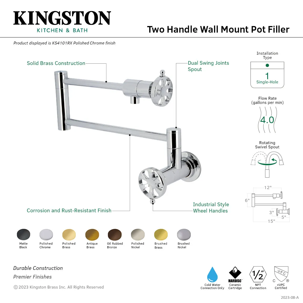 Kingston Brass KS4105RX Belknap Wall Mount Pot Filler Faucet, Oil Rubbed Bronze