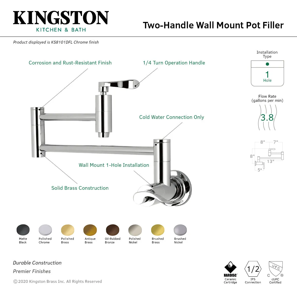 Kingston Brass KS8105DFL NuWave Wall Mount Pot Filler Faucet, Oil Rubbed Bronze