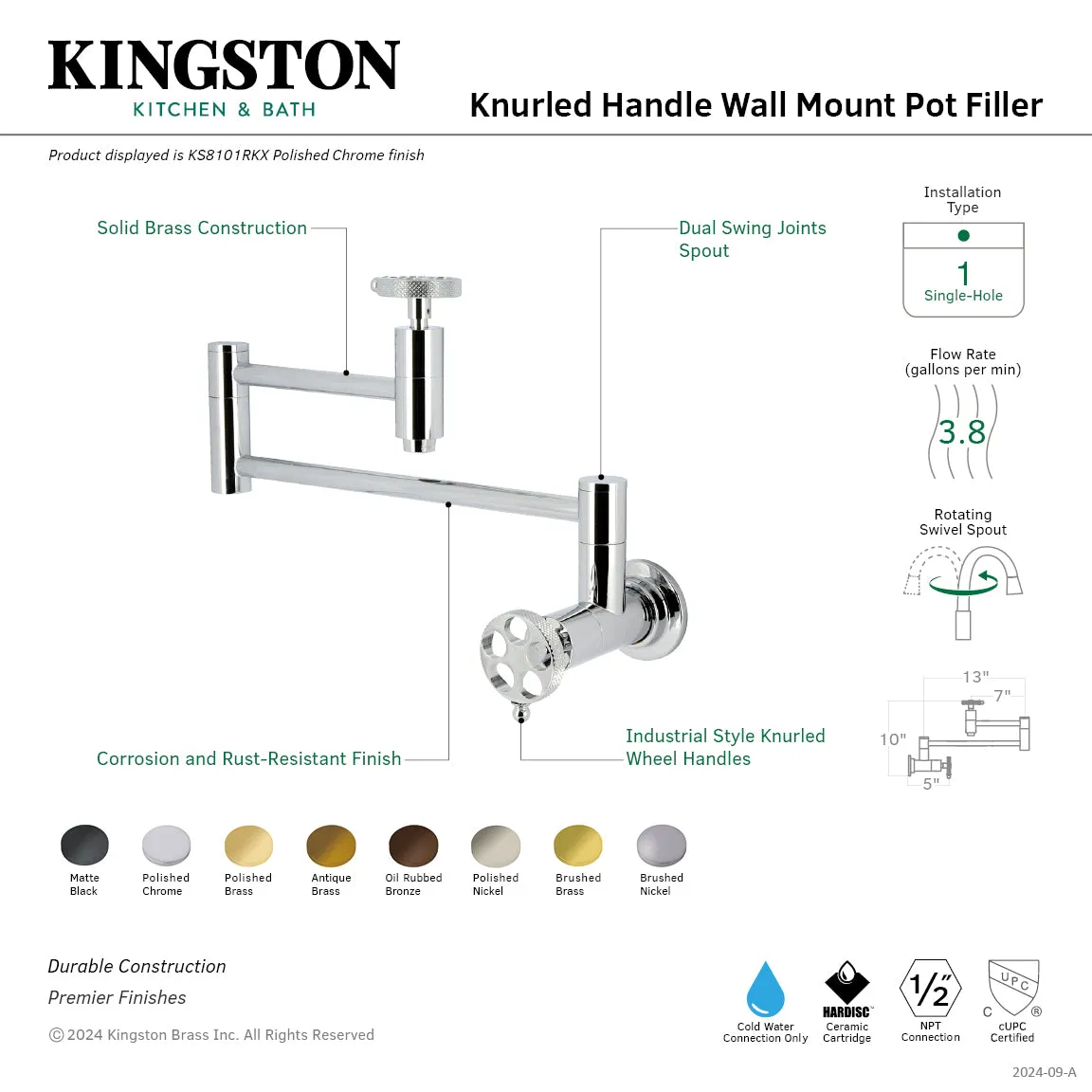 Kingston Brass KS8105RKX Webb Wall Mount Pot Filler Faucet with Knurled Handle, Oil Rubbed Bronze