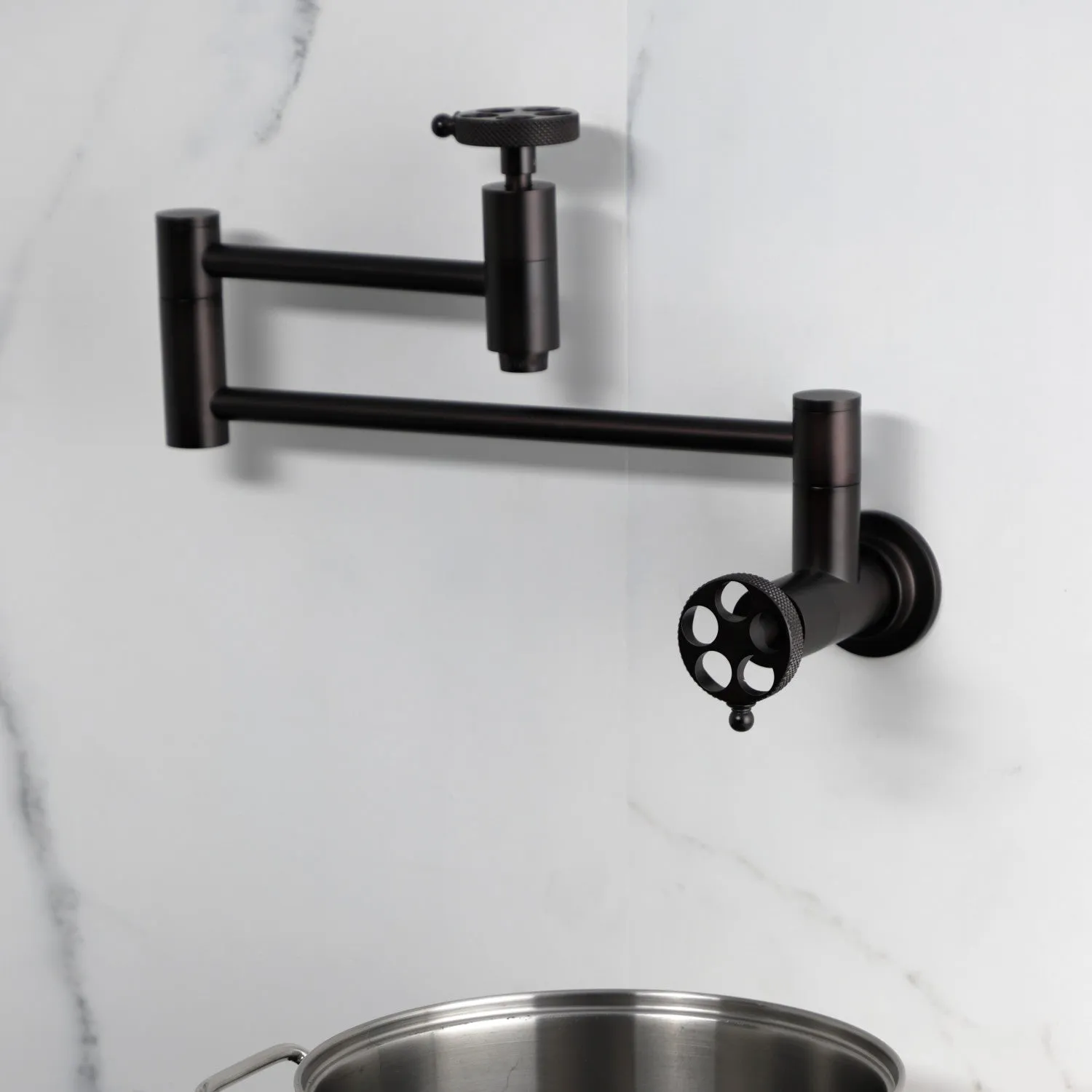 Kingston Brass KS8105RKX Webb Wall Mount Pot Filler Faucet with Knurled Handle, Oil Rubbed Bronze