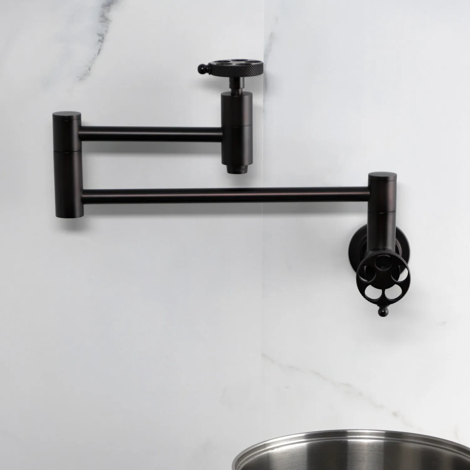 Kingston Brass KS8105RKX Webb Wall Mount Pot Filler Faucet with Knurled Handle, Oil Rubbed Bronze