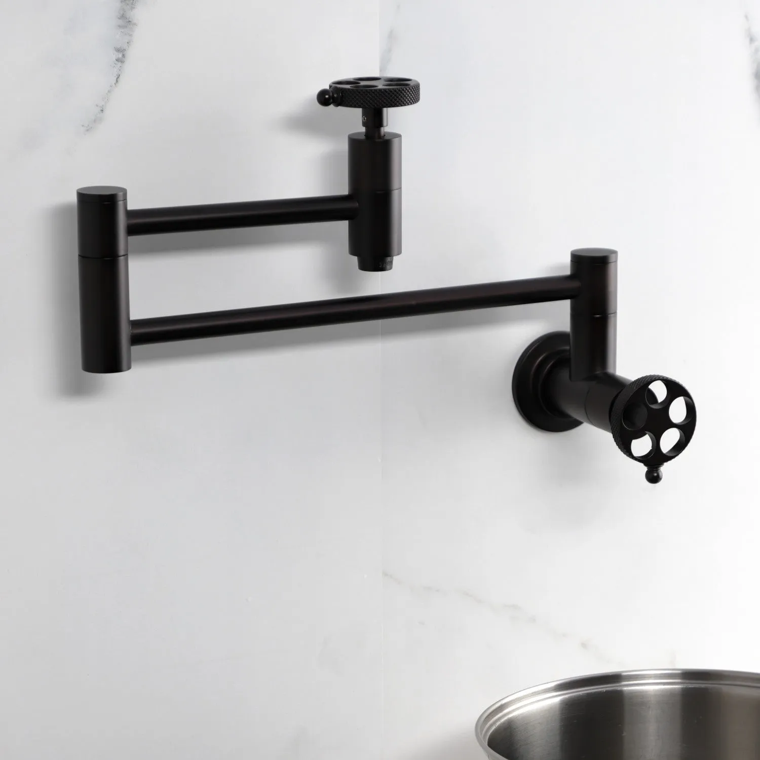 Kingston Brass KS8105RKX Webb Wall Mount Pot Filler Faucet with Knurled Handle, Oil Rubbed Bronze