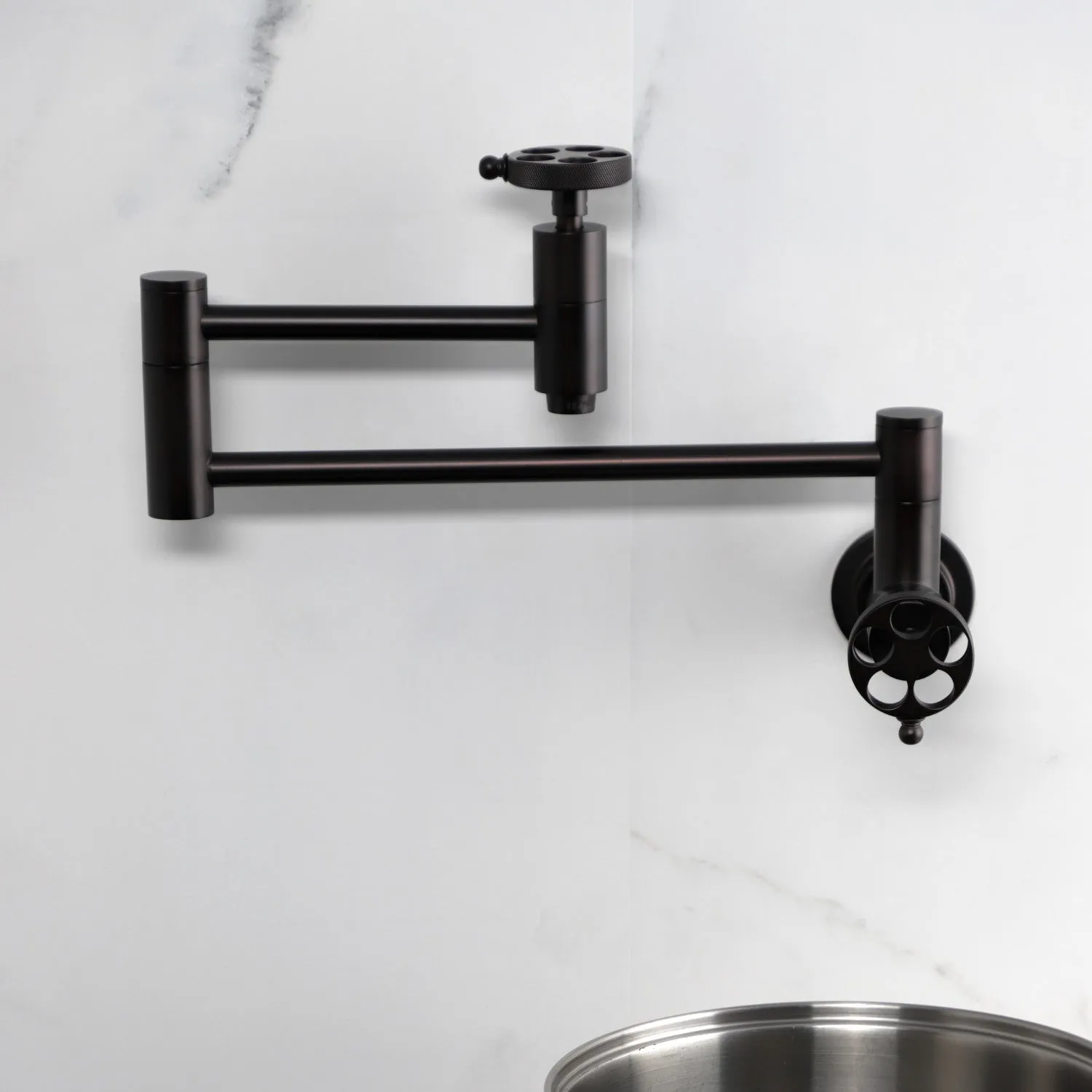 Kingston Brass KS8105RKZ Wendell Wall Mount Pot Filler Faucet with Knurled Handle, Oil Rubbed Bronze
