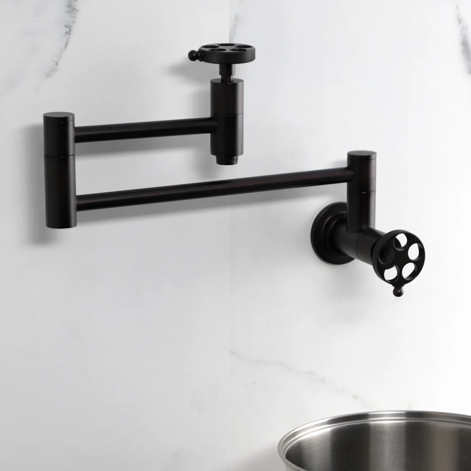 Kingston Brass KS8105RKZ Wendell Wall Mount Pot Filler Faucet with Knurled Handle, Oil Rubbed Bronze