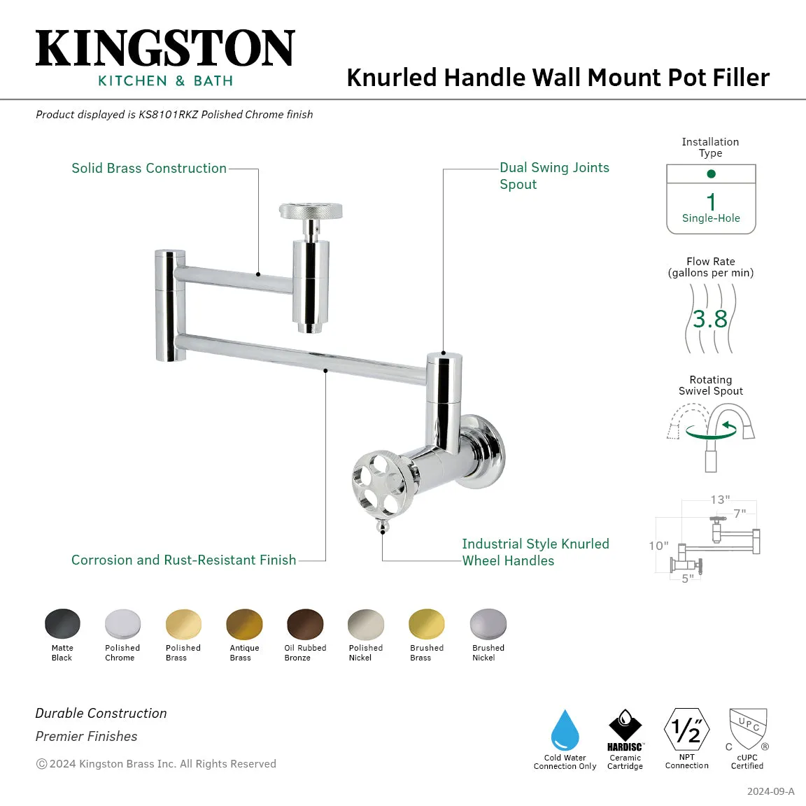 Kingston Brass KS8105RKZ Wendell Wall Mount Pot Filler Faucet with Knurled Handle, Oil Rubbed Bronze