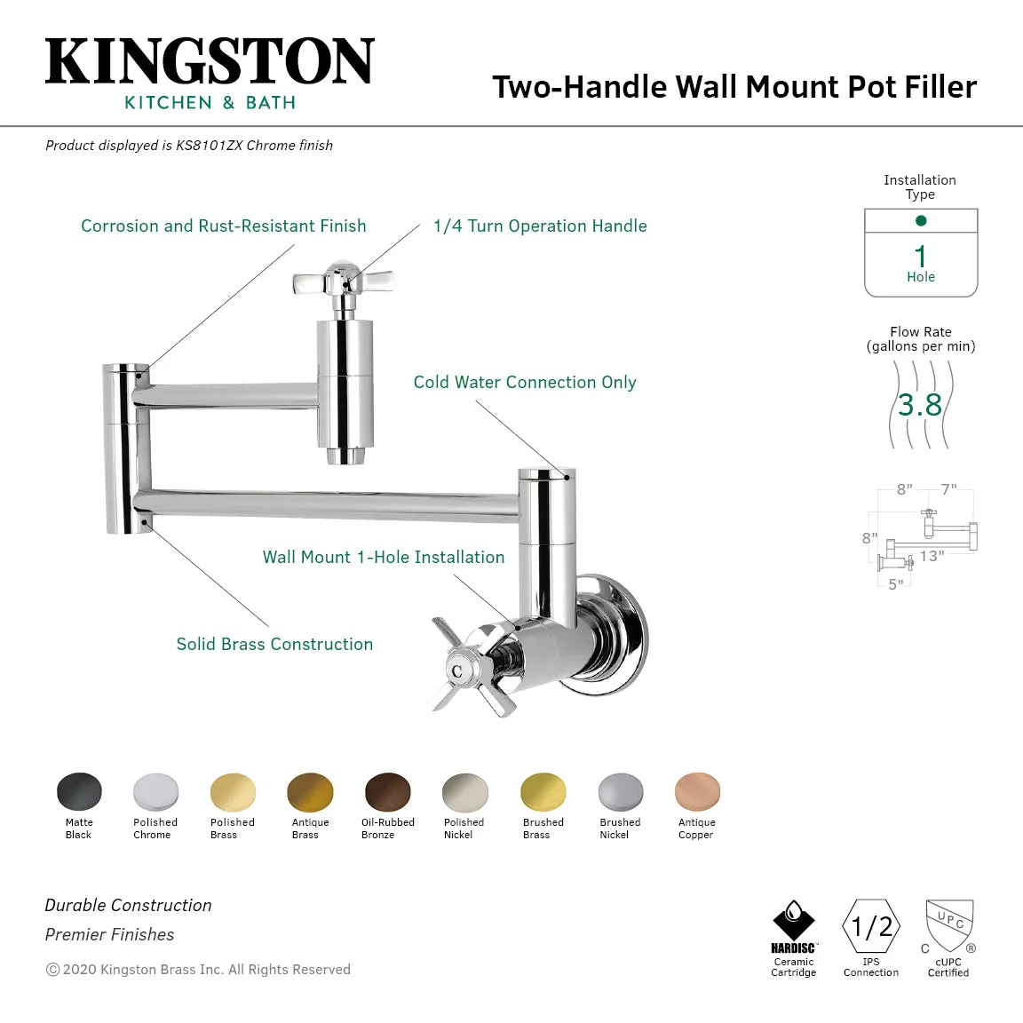 Kingston Brass KS8105ZX Millennium Wall Mount Pot Filler Faucet, Oil Rubbed Bronze