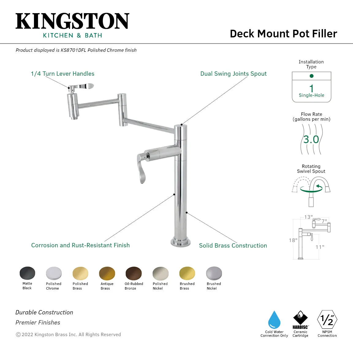 Kingston Brass KS8705DFL NuWave Deck Mount Pot Filler Faucet, Oil Rubbed Bronze