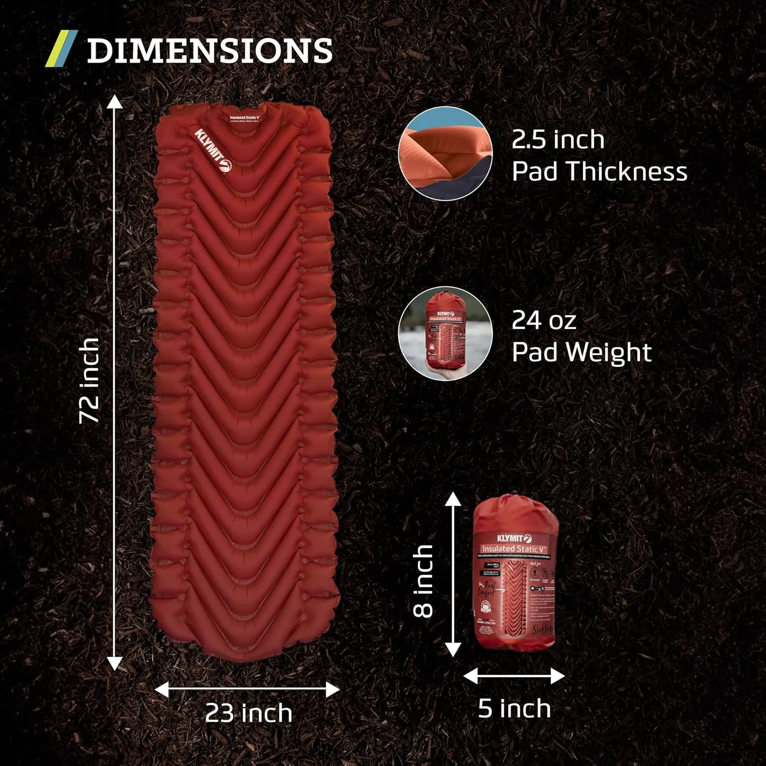 KLYMIT Insulated Static V Inflatable Sleeping Pad | Comfortable, Lightweight, Easy to Inflate, Portable Air Bed Mattress for Camping, Backpacking and Hiking — Red