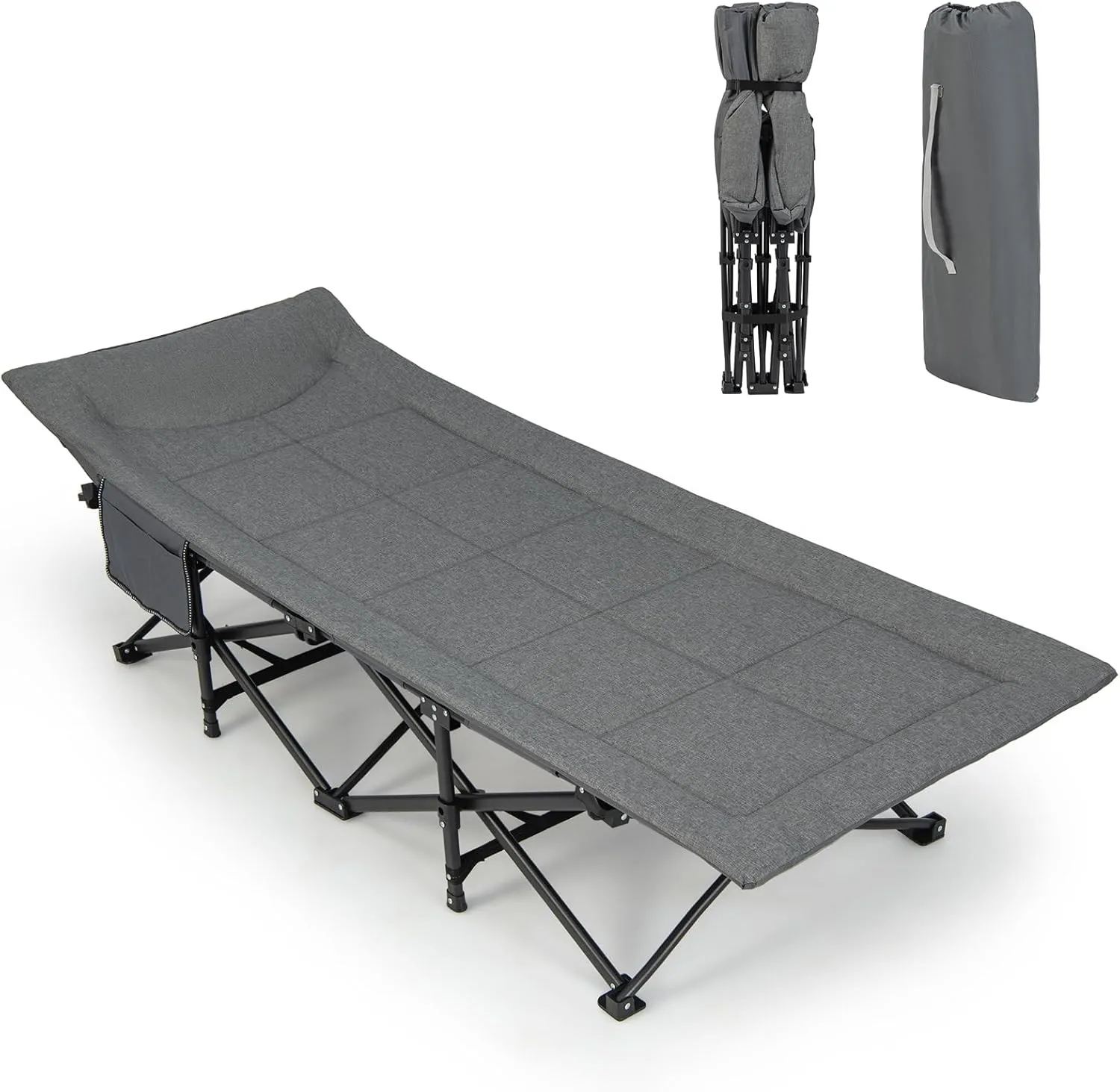 KOMFOTT Camping Cot for Adults, Portable Folding Bed for Sleeping with Pad & Pillow Lightweight Tent Cot with Carry Bag, Ideal for Indoor Outdoor Travel Camp Vacation, Supports 450 LBS (Gray)