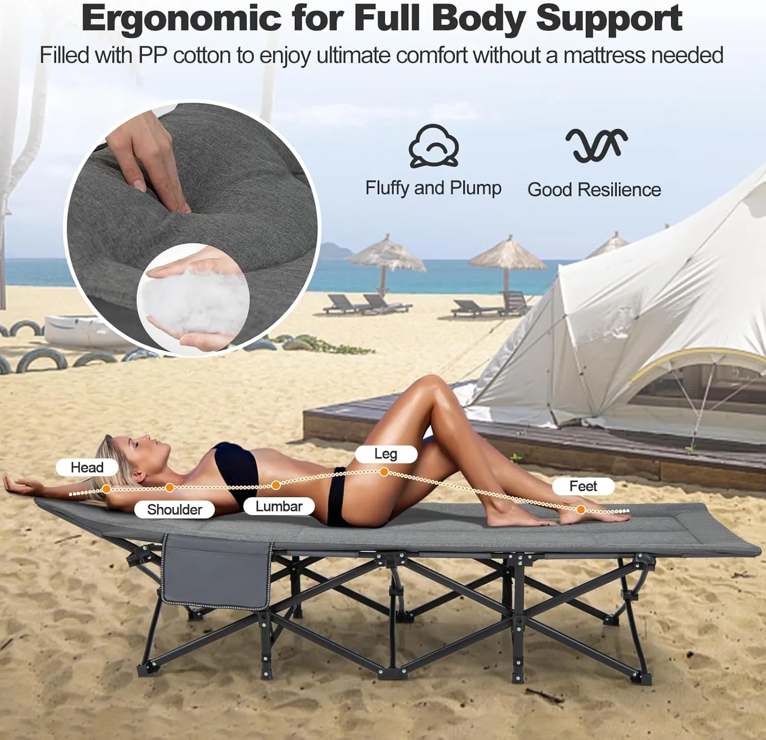 KOMFOTT Camping Cot for Adults, Portable Folding Bed for Sleeping with Pad & Pillow Lightweight Tent Cot with Carry Bag, Ideal for Indoor Outdoor Travel Camp Vacation, Supports 450 LBS (Gray)