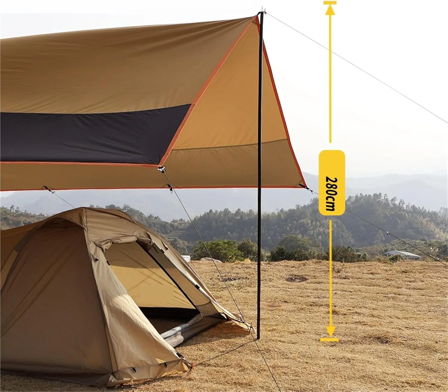 Large Camping Waterproof Tarp Oxford 4X6 Outdoor Canopy Sun Shelter Tent Tourist Awning Shade for Multiple People(Yellow with 2.8m Pole)
