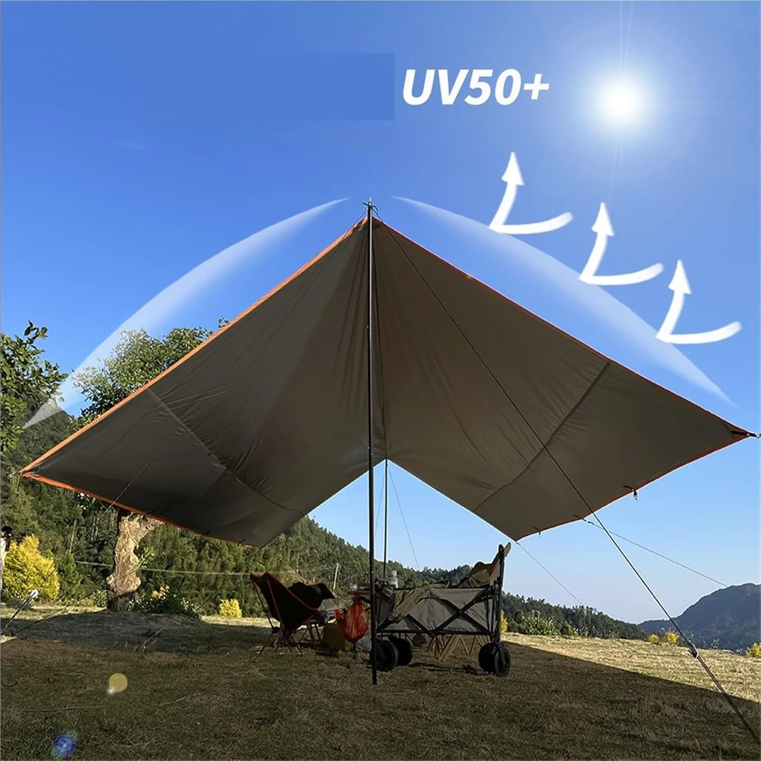 Large Camping Waterproof Tarp Oxford 4X6 Outdoor Canopy Sun Shelter Tent Tourist Awning Shade for Multiple People(Yellow with 2.8m Pole)