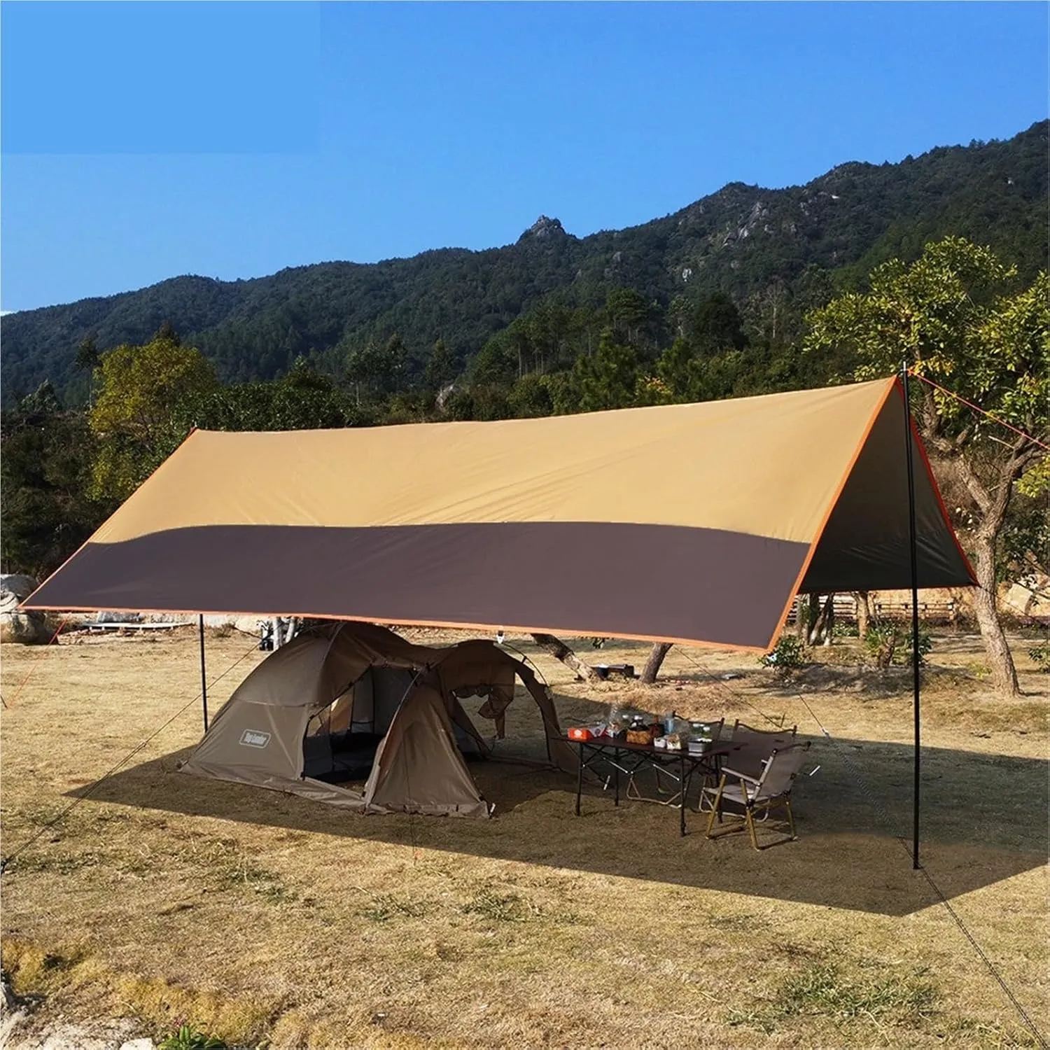 Large Camping Waterproof Tarp Oxford 4X6 Outdoor Canopy Sun Shelter Tent Tourist Awning Shade for Multiple People(Yellow with 2.8m Pole)