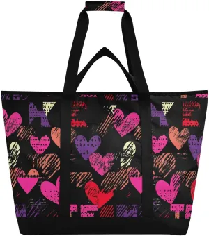 Large Capacity Insulated Cooler Bag Hot or Cold Carrier Collapsible Leak Proof Insulated Bag with Handles for Beach Travel Picnics Hearts Black