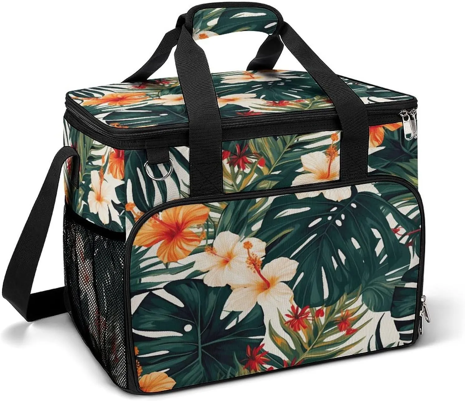 Large Cooler Bag, Tropical Summer Hawaiian Flower Palm Leaves Print Cooler Bags,Beach Cooler Bag,Soft Cooler Bag for Picnic,Camping,& Beach Accessories
