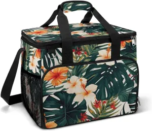 Large Cooler Bag, Tropical Summer Hawaiian Flower Palm Leaves Print Cooler Bags,Beach Cooler Bag,Soft Cooler Bag for Picnic,Camping,& Beach Accessories